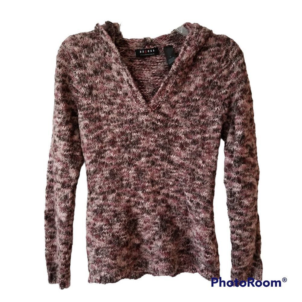 Axcess Pull-Over V-Neck Knit Winter Sweater with Hood Pink and Brown Size Medium